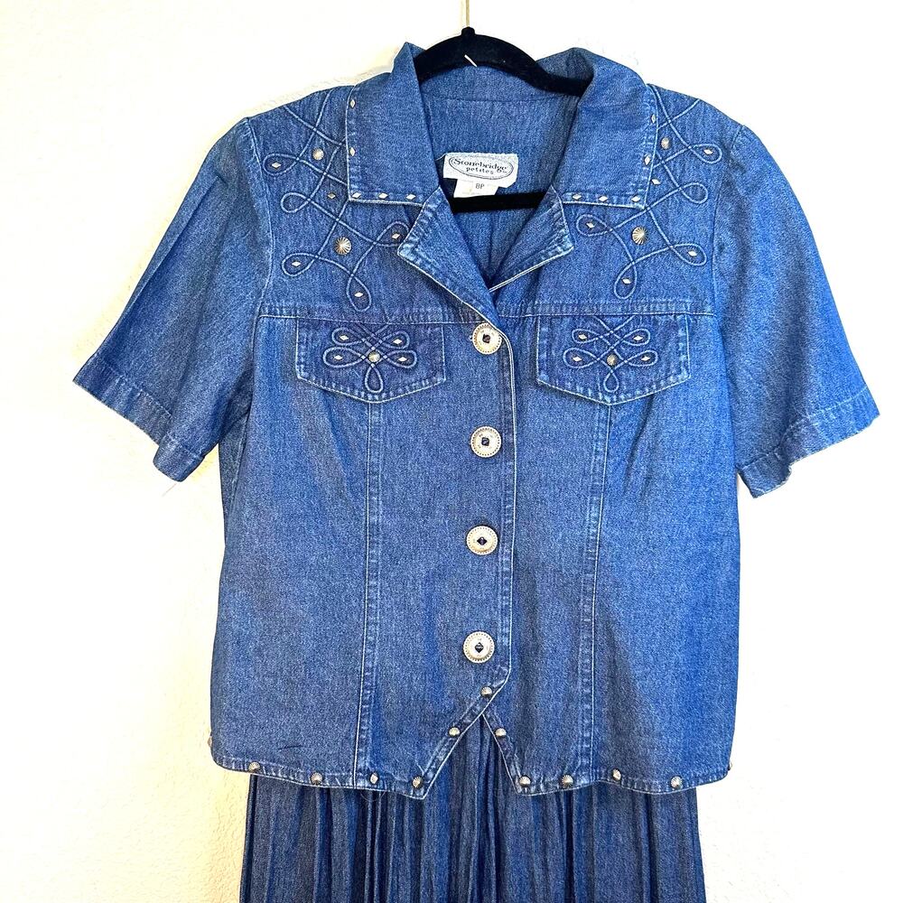 Vintage Stonebridge Women's Blue Denim Western Studded Midi Dress Size 8P